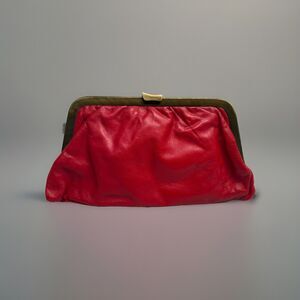 Vintage Mid Century Italian Red Leather Clutch Purse Brass Metal Top And Latch